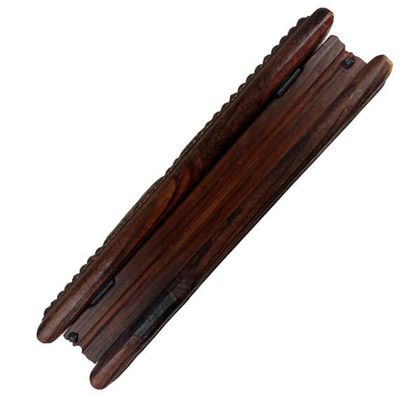 Vintage Wood Jewelry Box Carved Leather Top Roman Guards & Shields Design - Picture 8 of 11